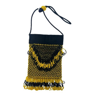 Vintage Seed Beaded Bag Yellow & Black Fringed Bottom Edge and 2 Flaps
